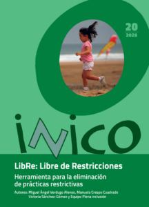 portada del documento: sobre un fondo verde se ve una foto de una niña con discapacidad intelectual que corre por la playa