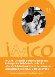 portada del documento: sobre un fondo naranja, una foto en blanco y negro de una mujer con discapacidad intelectual que ríe