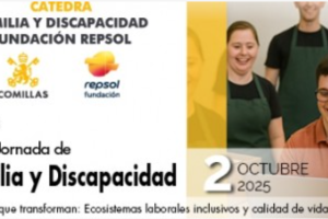 portada de la jornada: varias personas entre las que se encuentra una con discapacidad que está trabajando